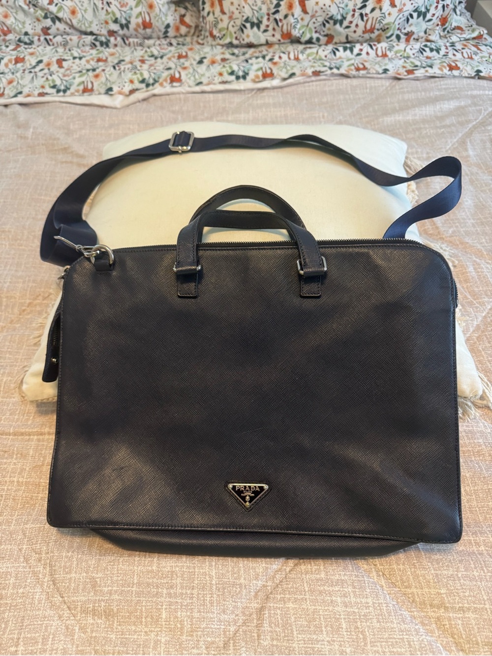 Prada Navy (Bluette) Saffiano Leather Briefcase with Shoulder Strap